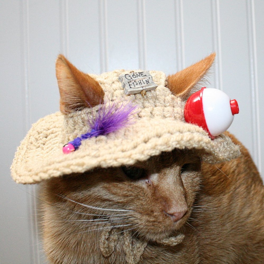 HAND CRAFTED Gone Fishing Cat Hat Crochet Hairy Wig Costume Photo Prop - Picture 2 of 15